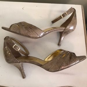 Audrey Brook ankle strap open toe reptile pumps.